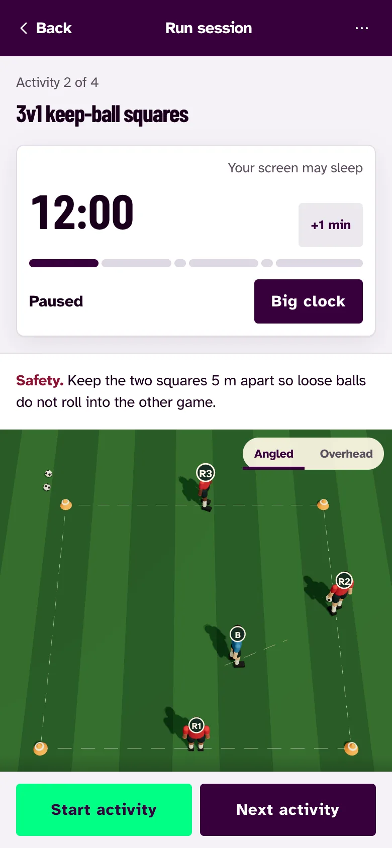 The run screen on a phone. Activity 2 of 4, 3v1 keep-ball squares, with a 12 minute clock, a safety note, the 3D diagram, and buttons to start the activity or move to the next.